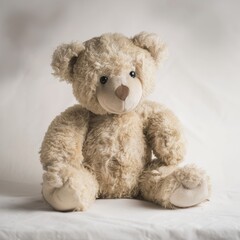 A soft, cuddly teddy bear on a plain background, symbolizing comfort and security. 