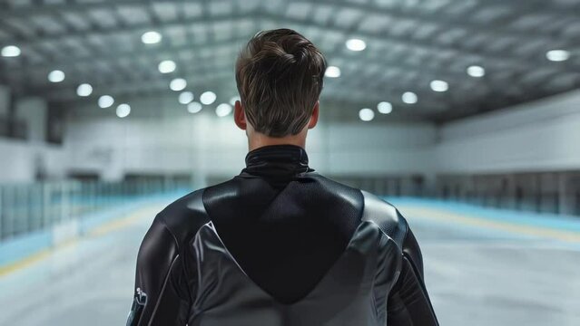Rear view of young man in black sportswear looking at hockey rink