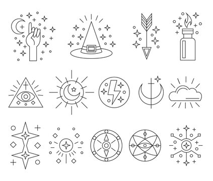 Big set of doodle icons. Magic icons. Various decorative linear signs.