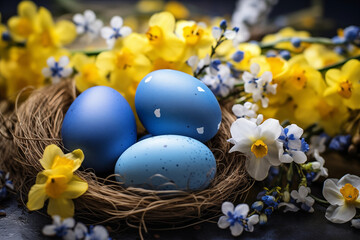 Obraz na płótnie Canvas Spring flowers bouquet. Happy Easter background. Ukrainian blue and yellow Easter eggs and sweets.