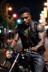 Fototapeta na wymiar A rugged biker motorcycle gang member with tattoos and leather jacket looking dangerous