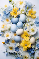 Obraz na płótnie Canvas Spring flowers bouquet. Happy Easter background. Ukrainian blue and yellow Easter eggs and sweets.