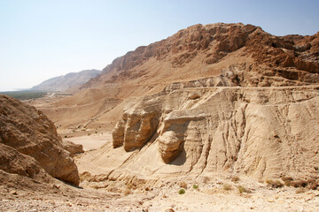 Archaeological site of Qumran where Dead Sea scrolls discovered in caves in cliffs, Judean Desert,...