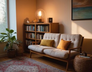Image of a cozy home library. Nice reading corner. AI generation