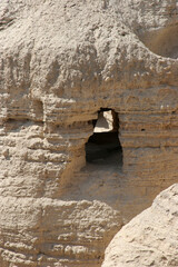 Archaeological site of Qumran where Dead Sea scrolls discovered in caves in cliffs, Judea Desert, Israel,