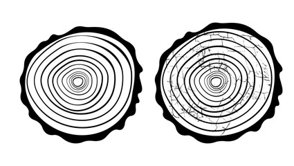 Tree log, wood growth rings, black isolated silhouette - obrazy, fototapety, plakaty