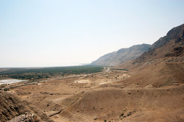 Archaeological site of Qumran where Dead Sea scrolls discovered in caves in cliffs, Judea Desert, Israel,