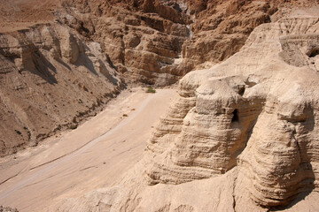 Archaeological site of Qumran where Dead Sea scrolls discovered in caves in cliffs, Judean Desert, Israel, - 733021889