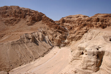 Archaeological site of Qumran where Dead Sea scrolls discovered in caves in cliffs, Judean Desert, Israel, - 733021895