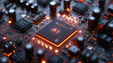 Fototapeta na wymiar microchip designed for AI on a circuit board - closeup