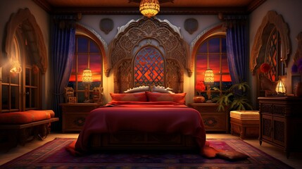 A Moroccan-themed bedroom with hidden cabinets, showcasing intricate patterns and vibrant colors
