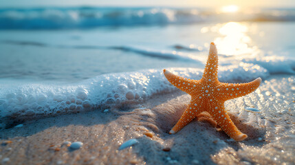 A starfish is on the sand of a beach, with the sun shining on the water in the background.