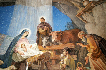 Nativity scene, Shepherds' Field Chapel in Beit Sahour, Bethlehem, Israel