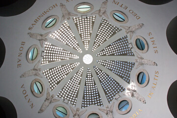 Dome in the church at Shepherds Field showing the roof detail representing the stars in the sky,...