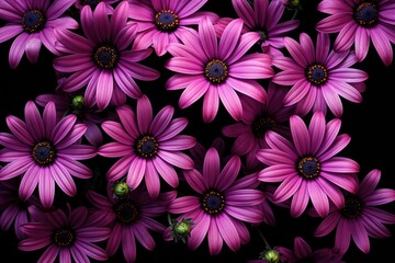 Fototapeta premium A cluster of vibrant purple flowers blooms against a stark black backdrop, creating a striking contrast.