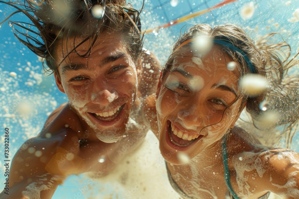 Wall mural joyful beach volleyball players celebrating in water. close-up of two beach volleyball players shari