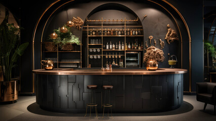 bar counter in a modern pub with black walls