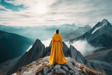 A person dressed in a yellow robe sits on top of a mountain, taking in the panoramic view. - obrazy, fototapety, plakaty