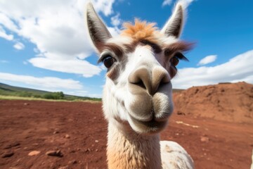 Obraz premium A close up photograph showcasing a llama on a dirt field, featuring its distinct features and the rugged terrain.