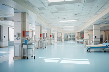 Fototapeta na wymiar Interior of a hospital corridor with beds and medical equipment for patients