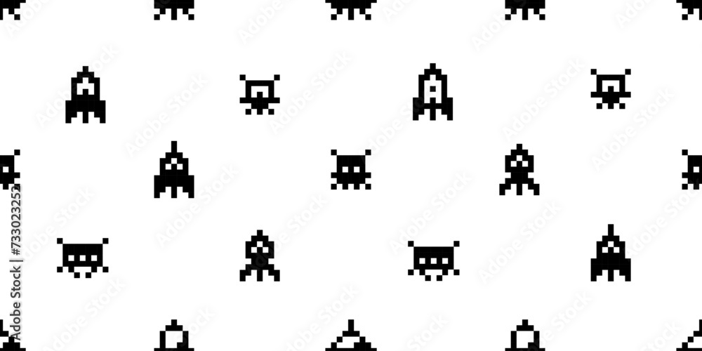 Poster Simple Pixel 8-bit space arcade icons seamless pattern of retro video game background of ufo aliens and spaceships vector silhouette 