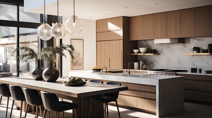 A modern kitchen with a statement island, waterfall countertop, and pendant lighting - obrazy, fototapety, plakaty