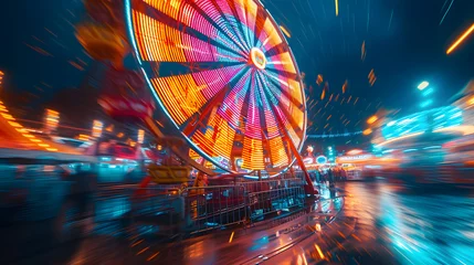 Deurstickers Ferris wheel at a carnival, spinning at night. The wheel is illuminated with blue and red lights, creating a motion blur effect. The background features a dark blue sky with bright stars and red light © wing