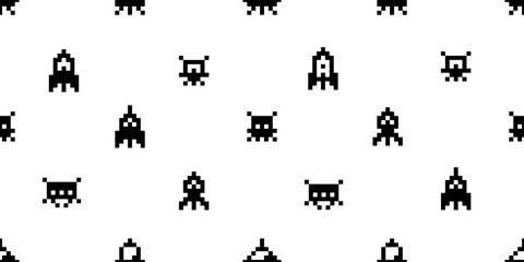 Naklejka premium Simple Pixel 8-bit space arcade icons seamless pattern of retro video game background of ufo aliens and spaceships vector silhouette 