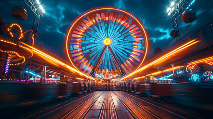 Fototapeta na wymiar Ferris wheel at a carnival, spinning at night. The wheel is illuminated with blue and red lights, creating a motion blur effect. The background features a dark blue sky with bright stars and red light