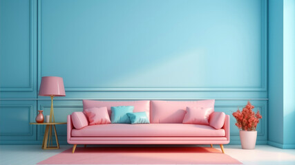 Interior of modern living room with pink sofa and blue wall