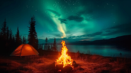 aurora borealio at a rustic campfire near tents - obrazy, fototapety, plakaty
