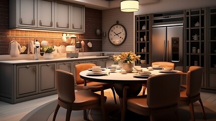 Fototapeta na wymiar A modern kitchen with a built-in banquet and a round table for cozy family meals