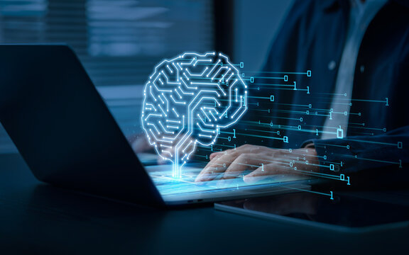 Artificial intelligence (AI) brain image with circuit board lines inside. Businessman analyzes data using AI, modern computer technology. Big data analysis with artificial intelligence
