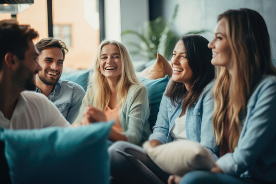 A diverse group of individuals sitting together on a couch, sharing a moment of joy and laughter.