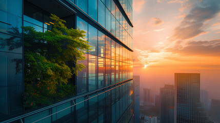 The modern building reflects nature and is an environmentally friendly building in the city, a sustainable glass building to reduce heat and carbon dioxide.