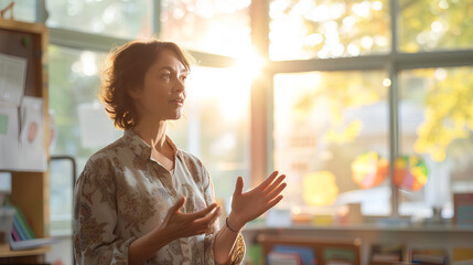 Teacher during a lesson with students in the background. Teacher's Day. Back to school.