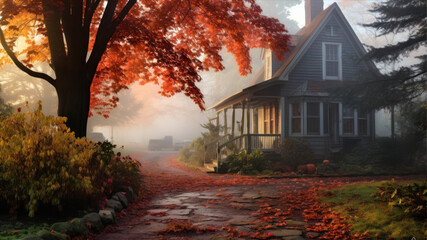 Autumn landscape with a country house in the fog.