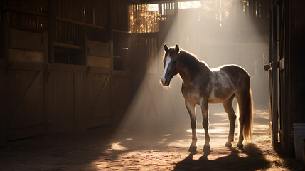 A horse in a barn with sunlight streaming in