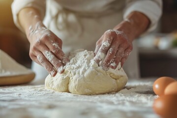 Close up view of pair of hands kneading dough in the kitchen on a white table