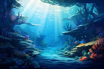 Beautiful underwater sea with reefs and sea inhabitants, deep sea deep blue sea
