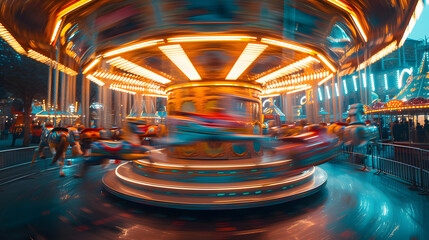 Long exposure photo of a merry-go-round with horses and bright lights at night. - obrazy, fototapety, plakaty