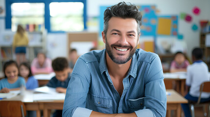 Obraz premium Teacher during a lesson with students in the background. Teacher's Day. Back to school.