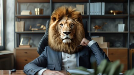 Business man lion sitting on chair at modern office. - obrazy, fototapety, plakaty