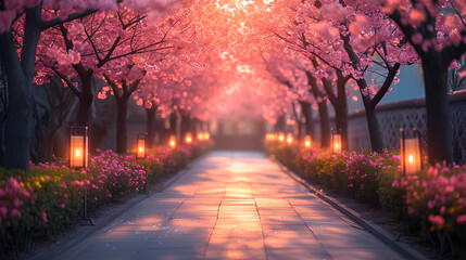 Urban spring alley with blooming rose trees and cozy lanterns.