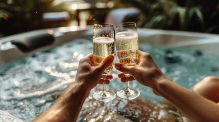 Sweet couple toasting with their champagne glasses while relaxing in the jacuzzi tub, Celebrating honeymoon in luxury. - obrazy, fototapety, plakaty