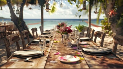 Decorated table reception at beach resort, Dinner, Wedding, Party, Honeymoon.