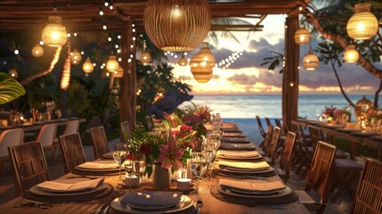 Fototapeta premium Decorated table reception at beach resort, Dinner, Wedding, Party, Honeymoon.