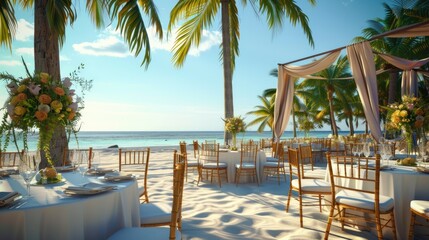 Decorated table reception at beach resort, Dinner, Wedding, Party, Honeymoon.