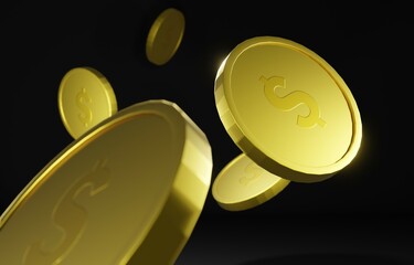 3d graphics of golden coins falling with a black studio background. Best for a banner design.
