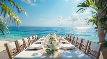 Decorated table reception at beach resort, Dinner, Wedding, Party, Honeymoon. - obrazy, fototapety, plakaty